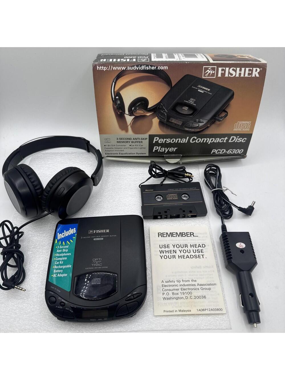 Fisher PCD-6300 Portable CD Player Car W/Cassette Adapter, Headphones *READ*